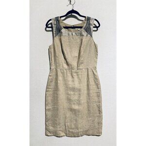 LOFT Dress Womens 8 Sleeveless Sheath Beaded Sequin Beige Linen Lined Boho